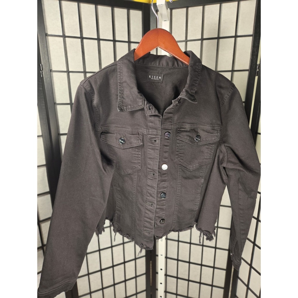 Risen Los Angeles Raw Frayed Hem Black Denim Cropped Jacket 1XL Women
